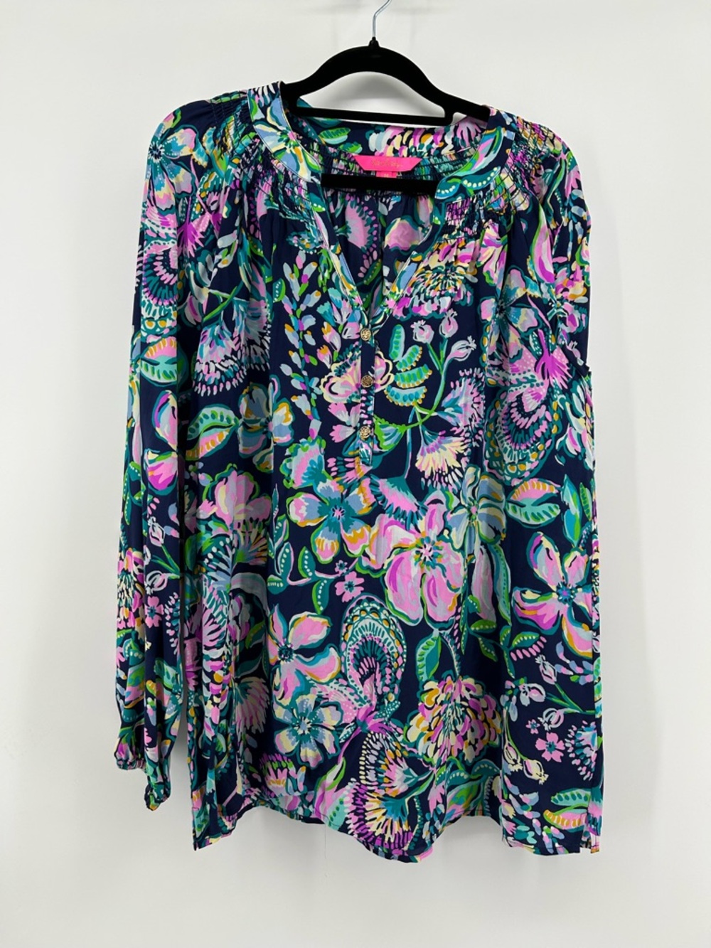 Lilly Pulitzer Elsa silk blouse in High Tide Navy She's Got Soul pattern